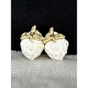 Vintage Celebrity Clip On Earrings Strawberries White Enamel Gold Tone Signed